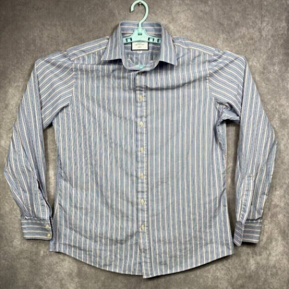 Brooks Brothers Dress Shirt Mens 17/38 Blue/Red Stripe Slim Fit Long Sleeve - Picture 1 of 9